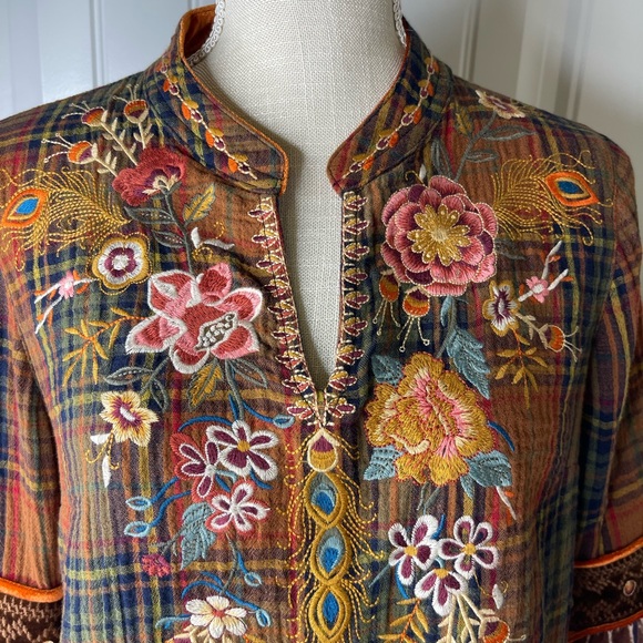 John Mark Multicolor Embroidered Plaid Top - Picture 3 of 11